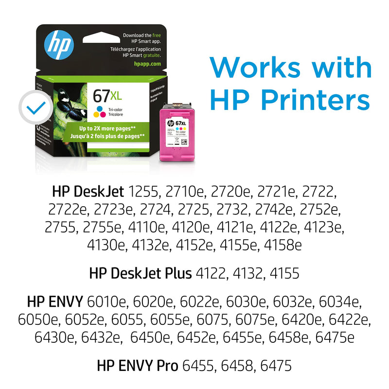 Original HP 67XL Tri-color High-yield Ink Cartridge | Works with HP DeskJet 1255, 2700, 4100 Series, HP ENVY 6000, 6400 Series | Eligible for Instant Ink | 3YM58AN