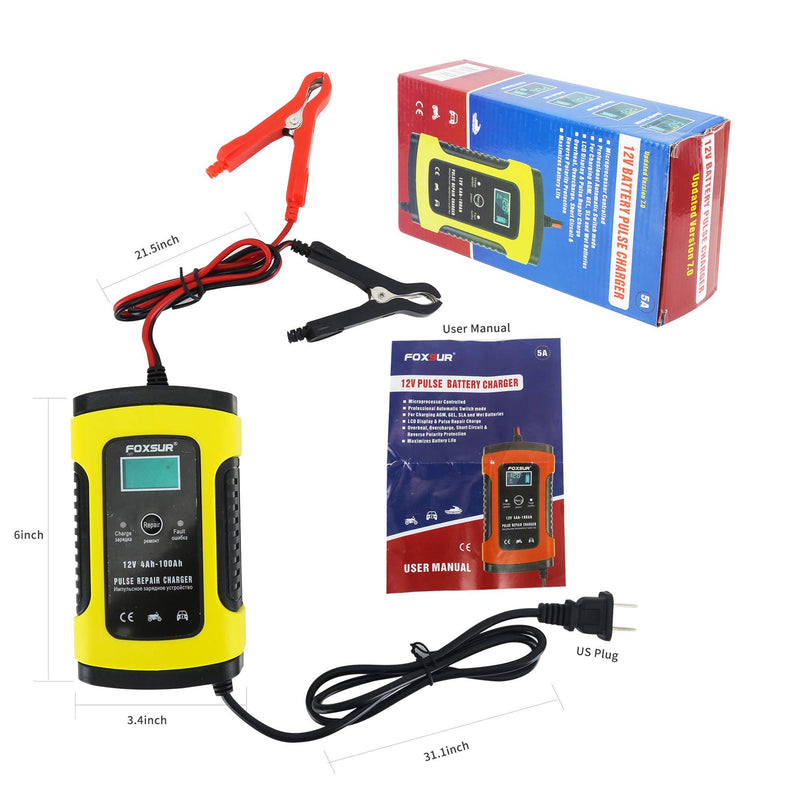 IEIK 12V 5 Amp Automotive Smart Battery Charger Maintainer for Car, Motorcycle, RV, SUV, Lawn Mower, Boat, RV, SUV, ATV and More 5A Yellow