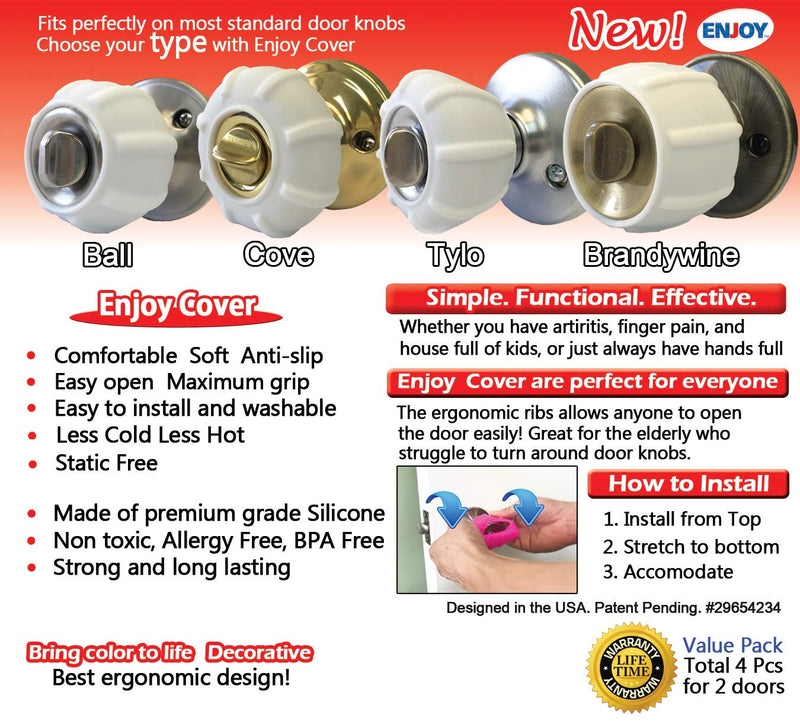 New Enjoy Cover - Door Knob Cover Grips Non Slip Arthritis & Senior Living Aids Grippy Easy Open Decorative. Simple Functional Effective Solution- 4 Pack (White, Tylo)