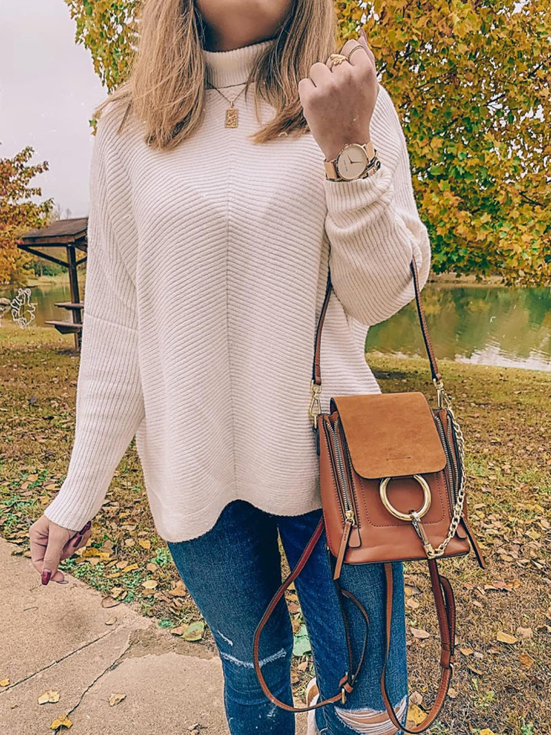ANRABESS Womens Turtleneck Long Batwing Sleeve Asymmetric Hem Casual Pullover Sweater Knit Tops Apricot X-Small