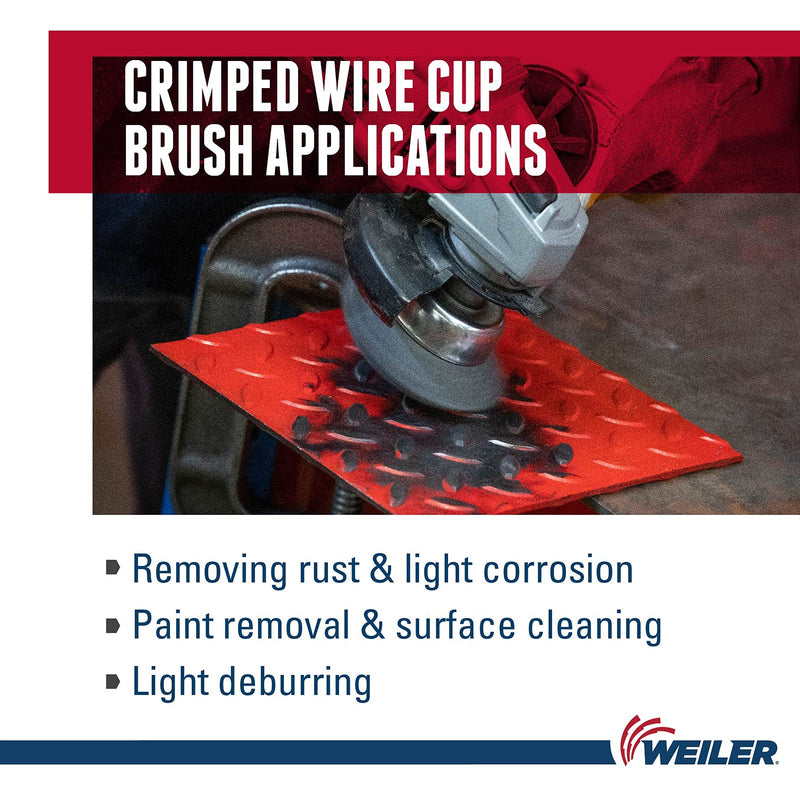 Weiler 14036 4" Crimped Wire Cup Brush, .020" Steel Fill, 5/8"-11 UNC NUT, Made in the USA 4" Dia .020" Wire Size x 1-3/8" Trim Length
