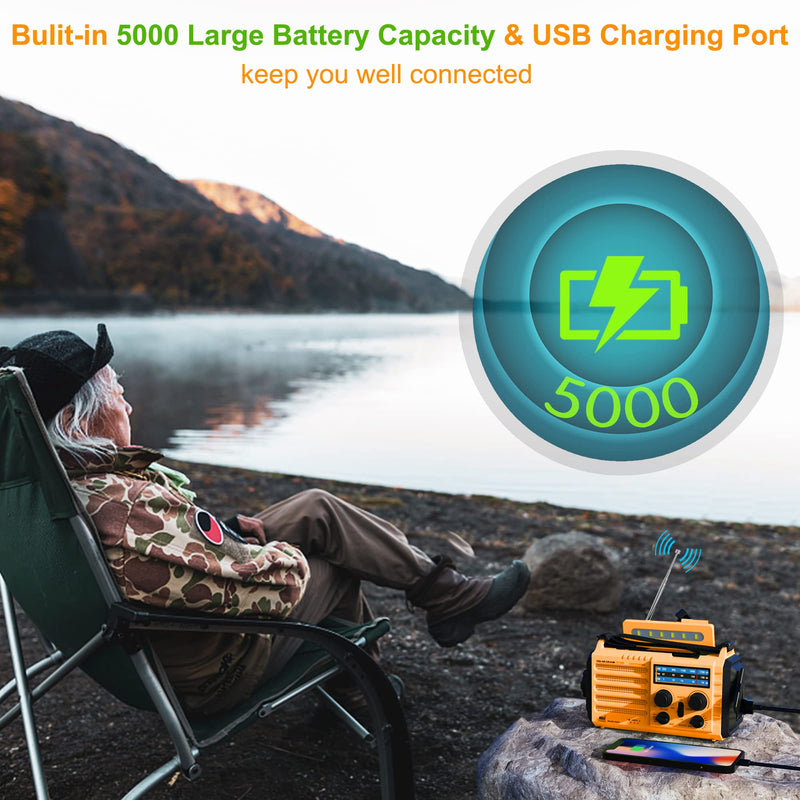 Emergency Radio 5-ways Powered Crank Solar Battery Operated Portable AM FM SW NOAA Weather Alert Radio with USB Charger,Camping Flashlight,Lamp,Headphone Jack,Compass,SOS Alarm,Best Survival Equipment Orange