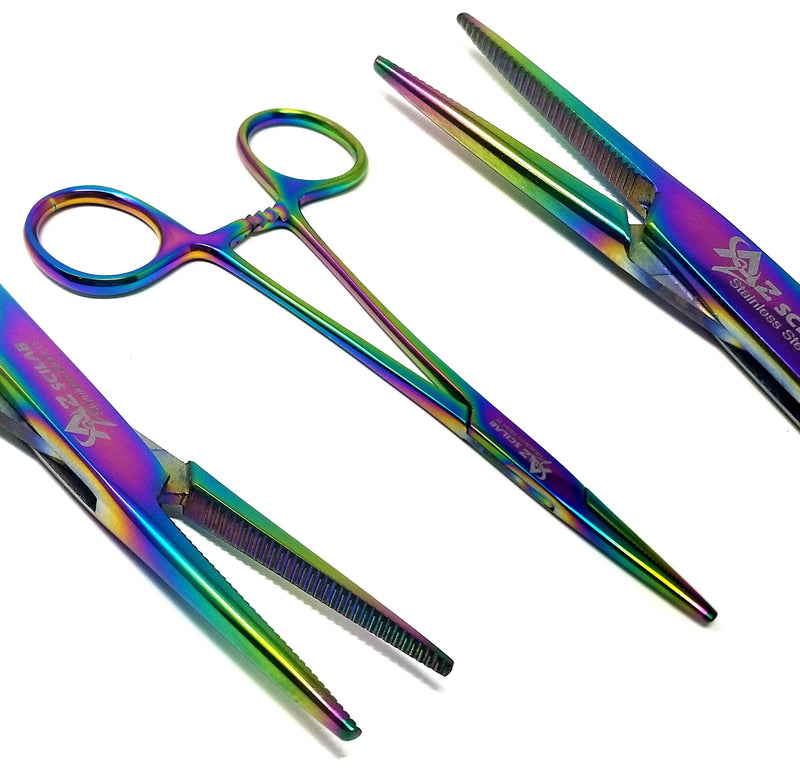 Set of 2 Multi Color Rainbow Mosquito Hemostat Forceps 5" Straight & Curved Pliers Stainless Steel (A2ZSCILAB Brand)
