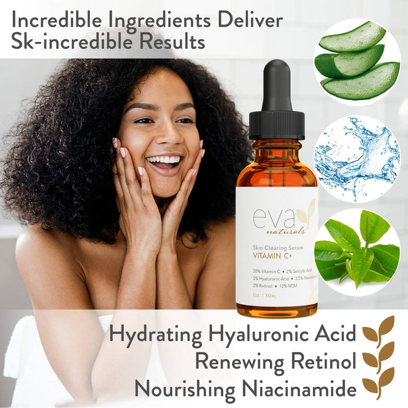 Eva Naturals Vitamin C Serum Plus 2% Retinol, 3.5% Niacinamide, 5% Hyaluronic Acid, 2% Salicylic Acid, 10% MSM, 20% Vitamin C - Skin Clearing Serum - Anti-Aging Skin Repair, Face Serum (1 oz) 1 Ounce (Pack of 1)