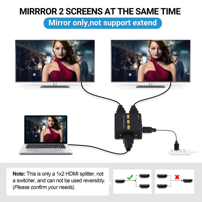 NEWCARE HDMI Splitter 1 in 2 Out, 4K@60Hz 1x2 HDMI Splitter for Dual Monitors Duplicate/Mirror Only, HDMI2.0b Splitter 1 to 2 Amplifier, Support Auto Scaling, HDCP2.2, YUV 4:4:4, HDR, with HDMI Cable