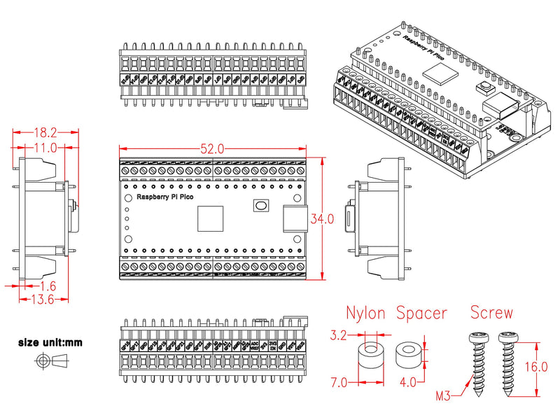 Ultra-Small RPi Pico Terminal Block Breakout Board Module, for Raspberry Pi Pico