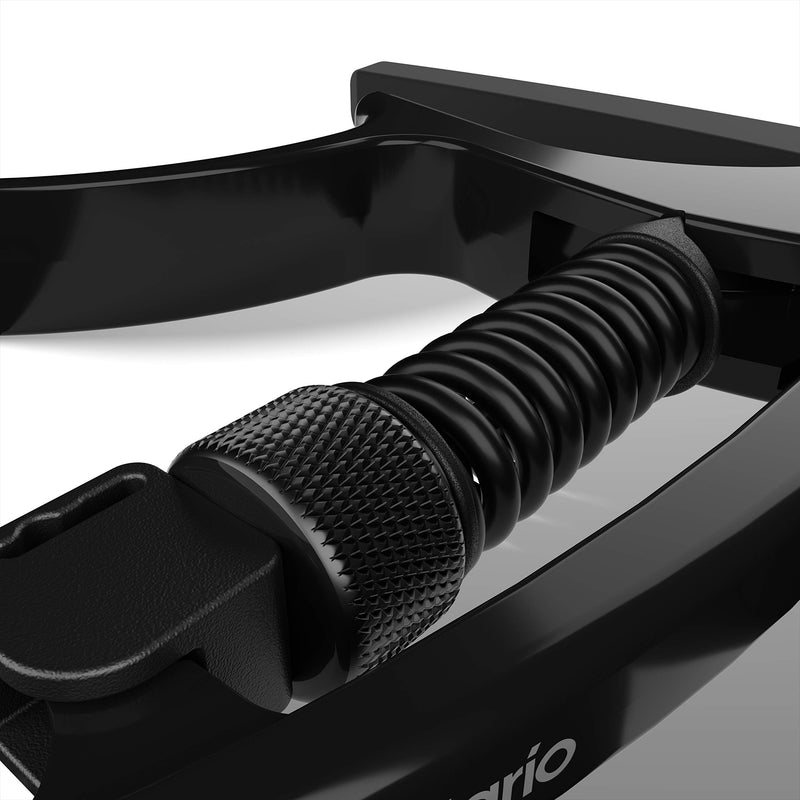 Dâ€™Addario NS Tri-Action Capo, Black â€“ For 6-String Electric and Acoustic Guitars â€“ Micrometer Tension Adjustment for Buzz-Free, In-Tune Performance - Single Hand Use â€“ Integrated Pick Holder