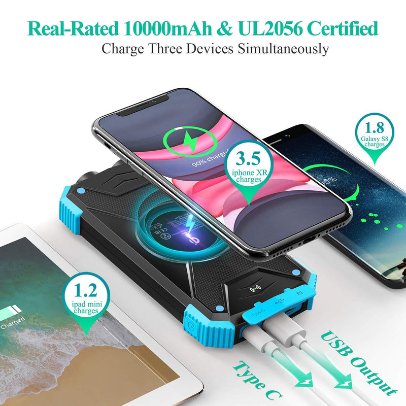 Solar Charger Power Bank, Qi Wireless Charger 10,000mAh External Battery Pack Type C Input Port Dual Flashlight, Compass, Solar Panel Charging (Light Blue) Light Blue