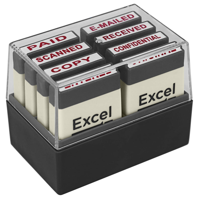 ExcelMark Mini Office Message Rubber Stamp Set - Red Ink - Storage Tray Included