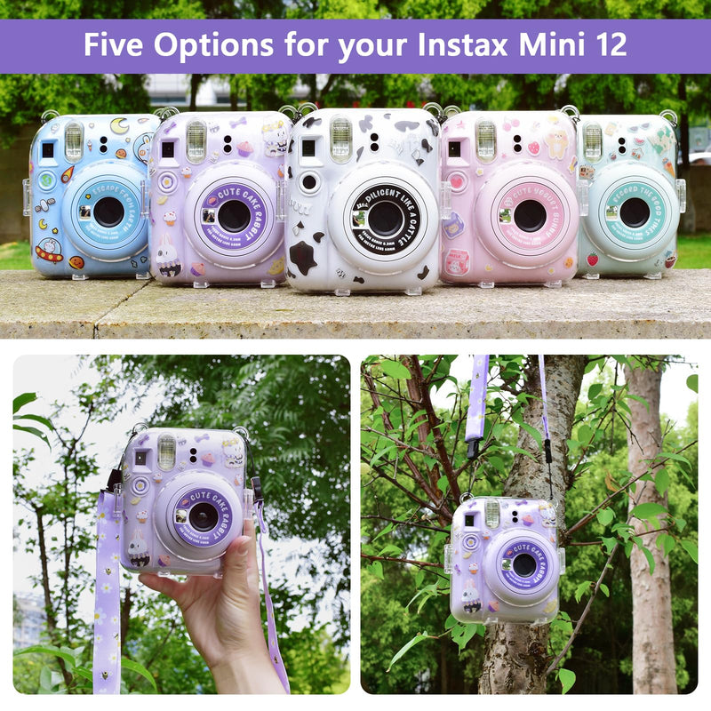 HIYQIN Upgrated Clear Case for Fujifilm Instax Mini 12 Instant Camera, Polaroid Instax Mini 12 Protective Cover Hard PVC Transparent Case with Adjustable Shoulder Strap and DIY Sticker (Purple) Original-Clear Case+2 Accessories Purple