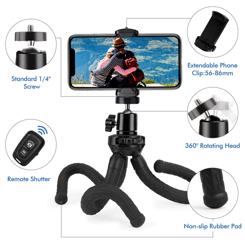 Fotopro Flexible Tripod, Tripod for iPhone with Remote, Camera Tripod, Mini Phone Tripods Stand with Universal Clip Compatible with iPhone Samsung GoPro Digital Camera for Live Streaming Vlogging