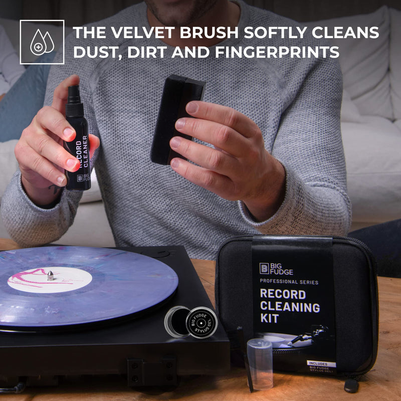 BIG FUDGE Professional Series Vinyl Record Cleaning Kit - Includes Velvet Vinyl Cleaner Brush, Cleaning Fluid & Stylus Gel - Padded Storage Case â€¦