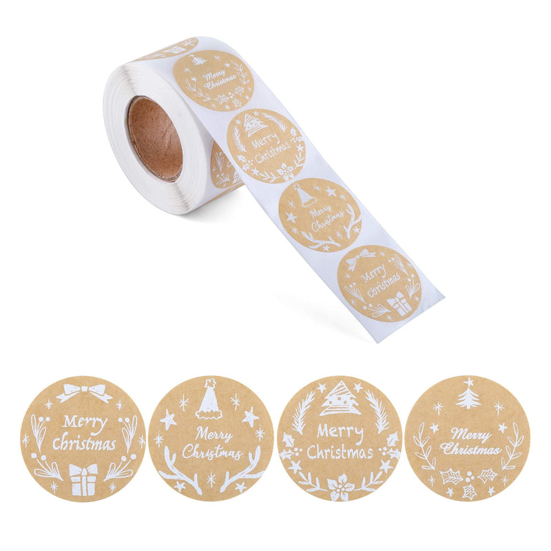 Filhome 1.5" Round Merry Christmas Stickers 500 Labels Per Roll, Holiday Stickers Envelope Seals for Cards Gift Boxes Kraft