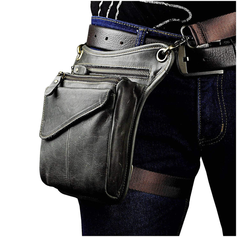 Le'aokuu Mens Genuine Leather Cycling Waist Hip Bum Pack Utility Drop Leg Cross Over Bag (Grey 2) 211-3 Grey 2