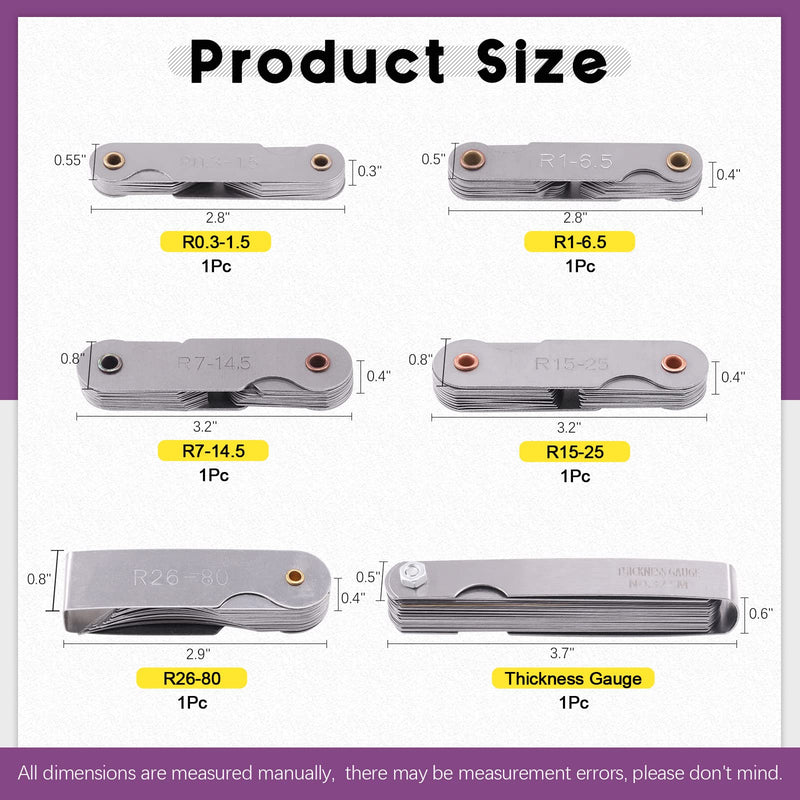 Swpeet 6Pcs 5 Sizes R0.3-1.5/ R1-6.5/ R7-14.5/ R15-25/ R26-80 Stainless Steel Radius Gauge with Feeler Gauge Kit, 5 Sizes Metric and Imperial Arc Fillet Concave Convex Gap Measuring Tool