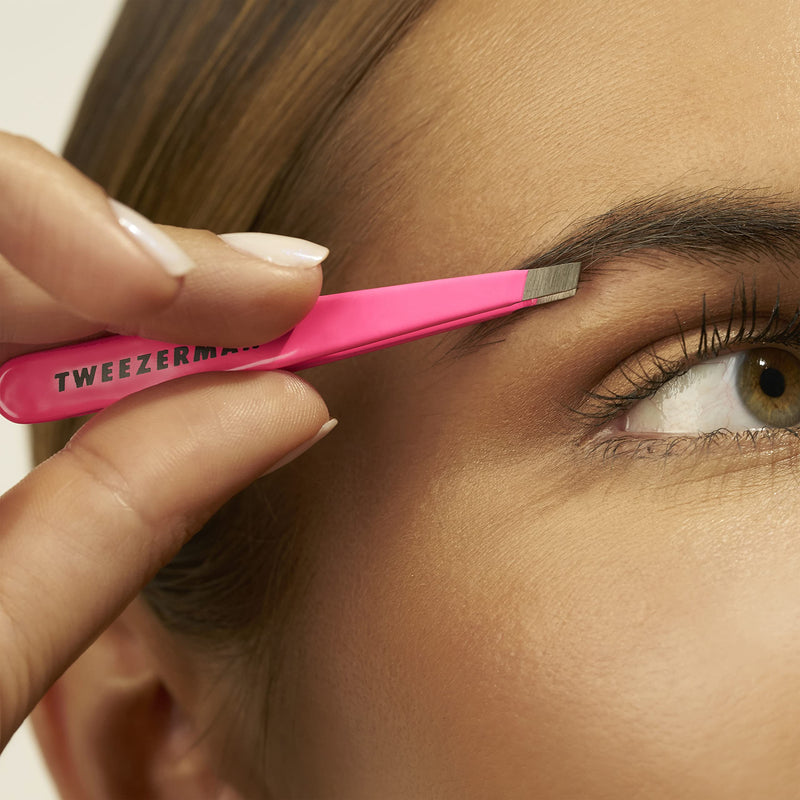 Tweezerman Stainless Steel Mini Slant Tweezer, Neon Pink, 1 Count