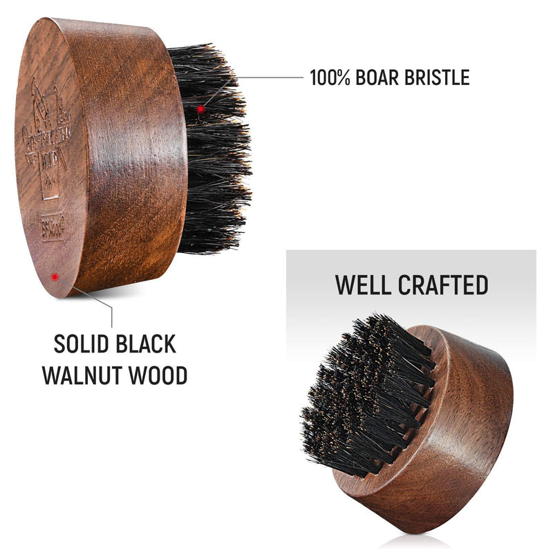 BFWood Beard Brush for Men - Boar Bristles Small and Round - Black Walnut Wood