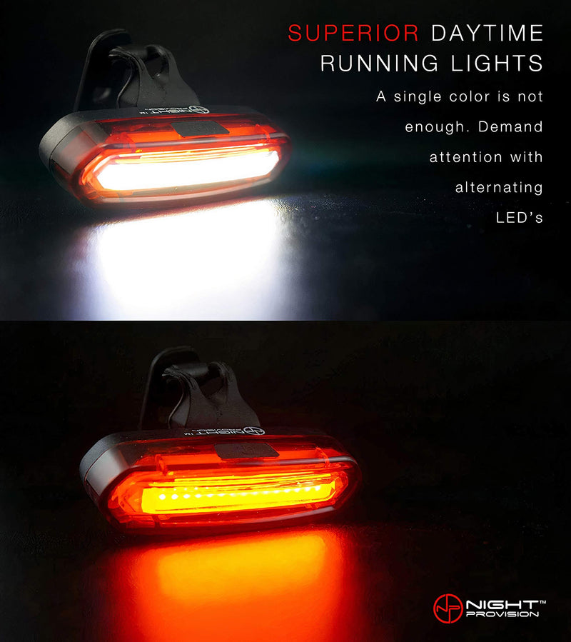 NP NIGHT PROVISION DUO-120 Red/White Strobe Back Rear Bike Light USB Rechargeable COB LED Lights PSR-120 Police Patrol Red/Blue Strobe Safety Warning Firefighter Police DUO-120: RED & WHITE LED (RED CASE)