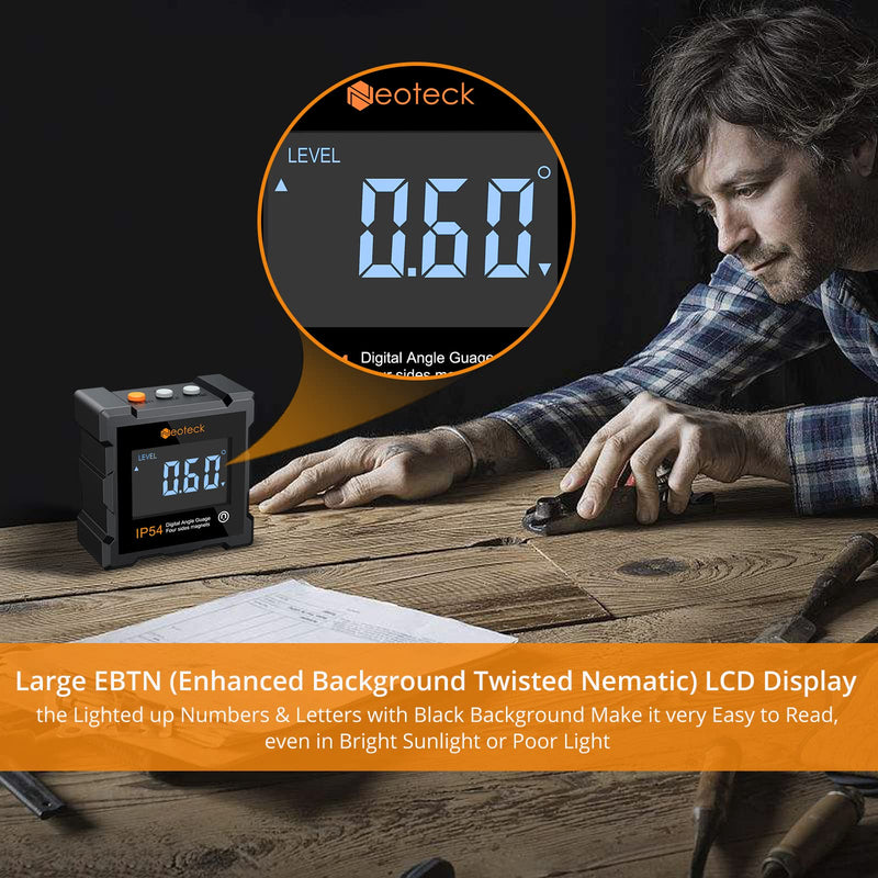 Neoteck Digital Level Box LCD Protractor IP54 Waterproof with All-Side Magnetic Backlight Inclinometer for Woodworking, Construction, Automotive Maintenance Industry (Battery Included)