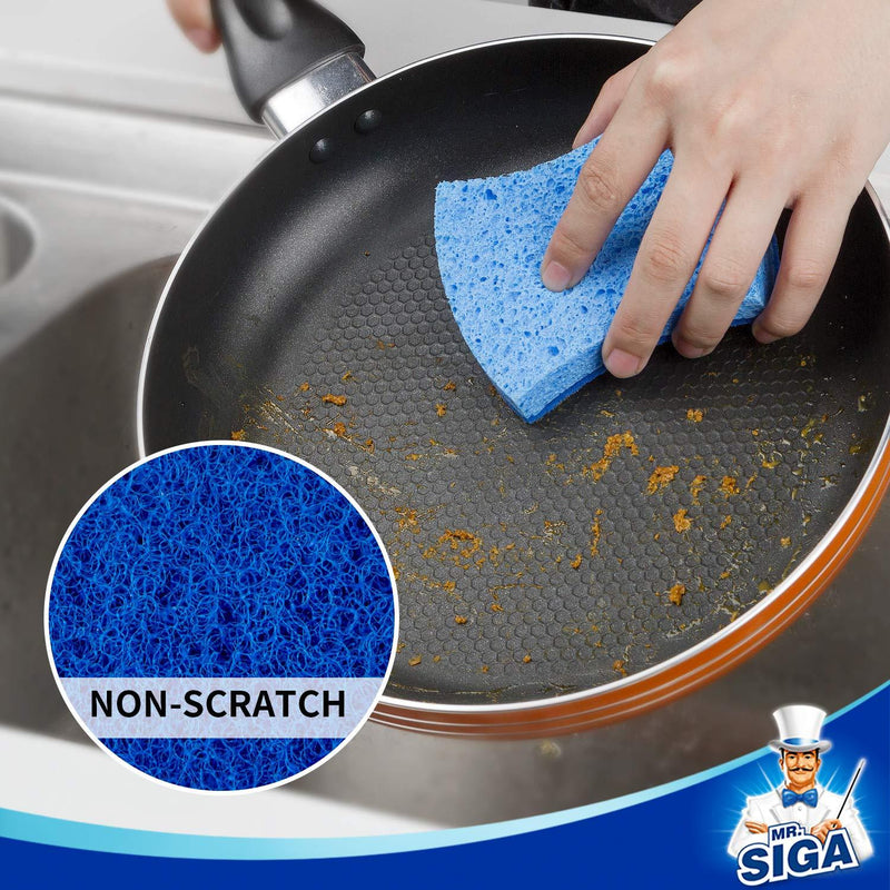MR.SIGA Non-Scratch Cellulose Scrub Sponge, Dual-Sided Dishwashing Sponge for Kitchen, 12 Pack Non Scratch - 12 Pack