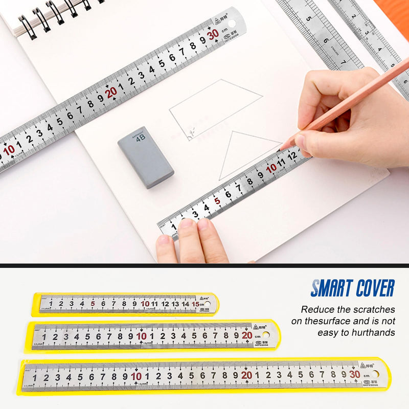 TONAUP Pack of 3 stainless steel rulers, steel ruler, double side scale, edge measuring tool, including 15 cm / 20 cm / 30 cm for engineering, teaching, office silver