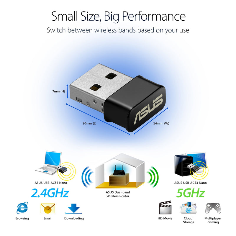 ASUS USB-AC53 AC1200 Nano USB Dual-Band Wireless Adapter, MU-Mimo, Compatible for Windows XP/Vista/7/8/1/10, Black