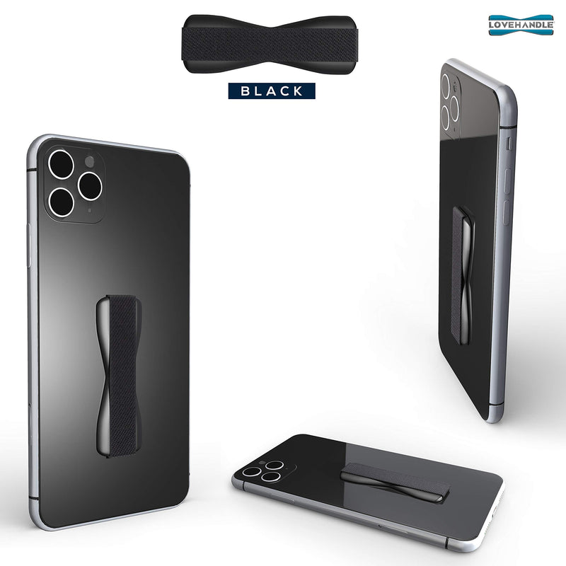Love Handle Cell Phone Grip Holds Device with just a Finger - Ultra Slim Pocket Friendly Finger Strap for iPhone and Mini Tablet - Grip it Securely for Texting, Photos and Selfies (Black 2-Pack)