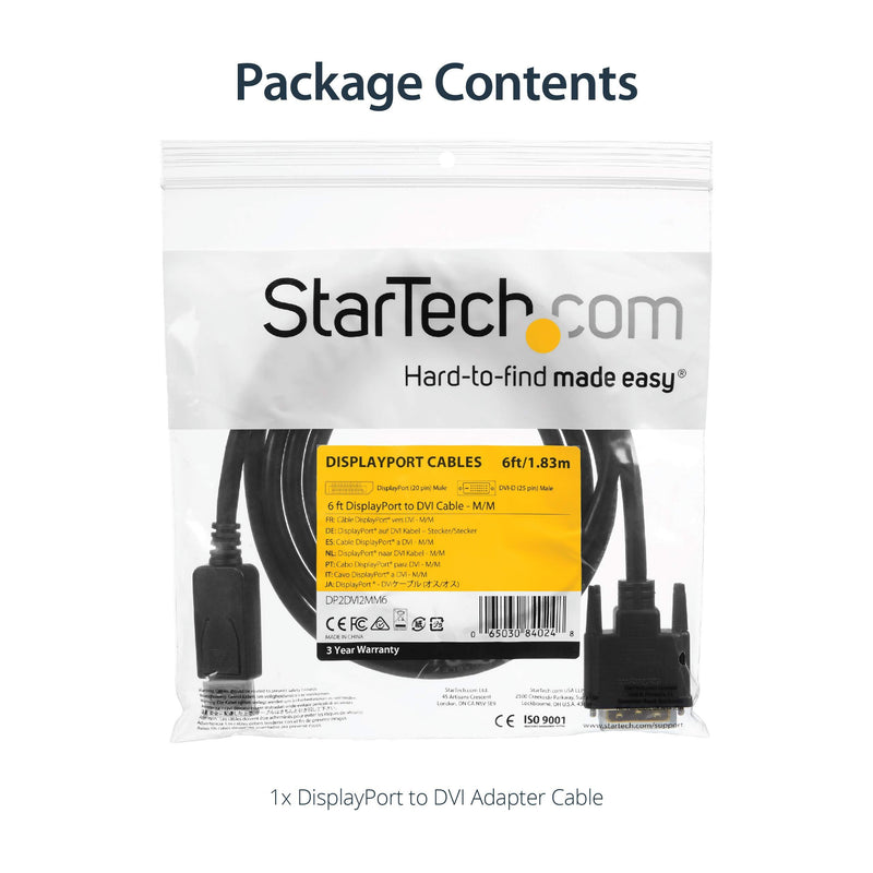 StarTech.com 6ft (1.8m) DisplayPort to DVI Cable - 1080p Video - DisplayPort to DVI Adapter Cable - DP to DVI-D Converter Single Link - DP to DVI Monitor Cable - Latching DP Connector (DP2DVI2MM6) 6 feet