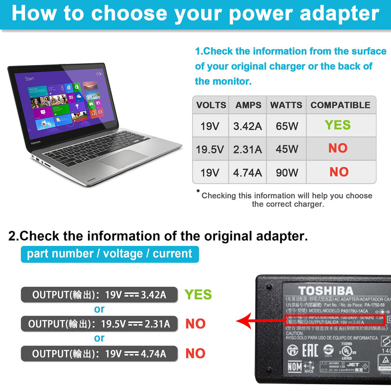 AC Adapter Laptop Charger for Toshiba Satellite C55 C655 C850 C50 L755 C855D L655 L745 P50 C55D S55;Toshiba Portege Z30 Z930 Z830 Satellite Radius 11 14 15 DC Power Supply Cord 19v 3.42A 65W
