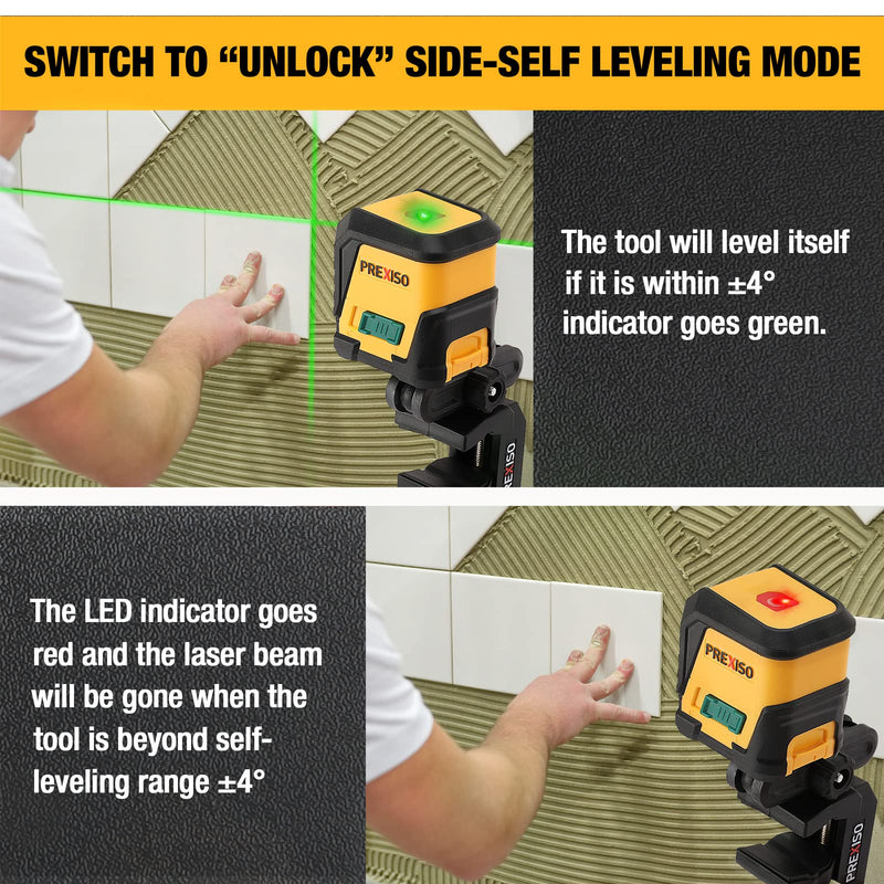 PREXISO 65FT Laser Level Self Leveling Cross-Line Laser Green Beam, with Rotatable Mount Clamp, LED Indicator for Hanging Pictures, Home Renovation, Floor Tile, Construction, 2 AA Batteries Included 360°Clamp& LED Indicator