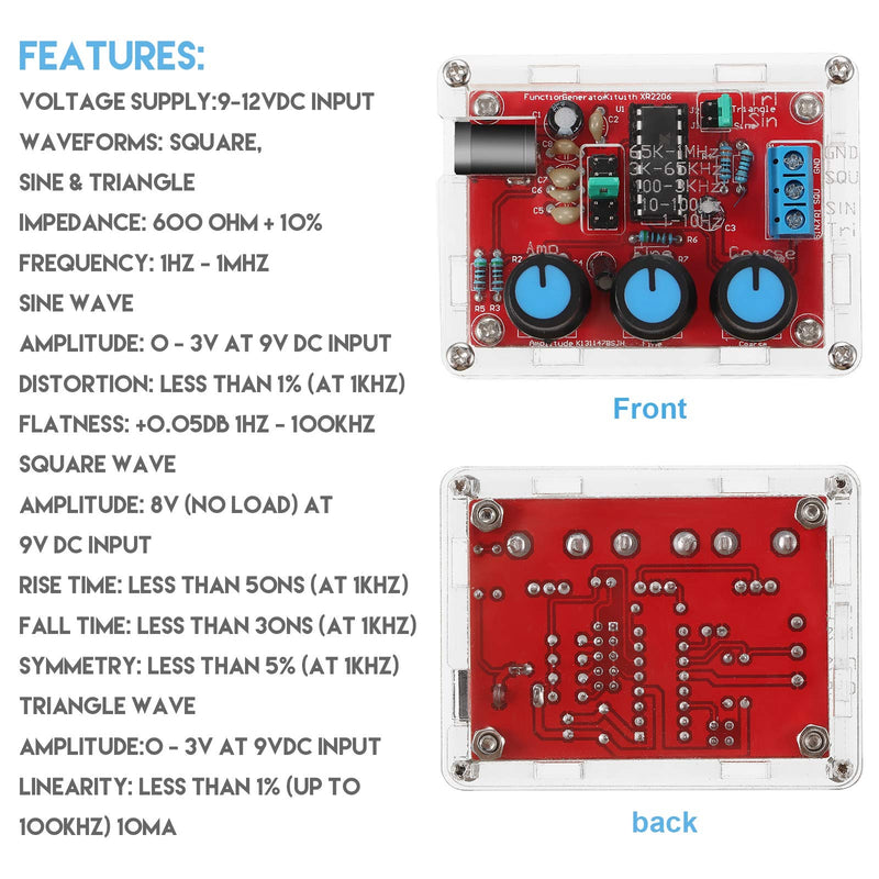 Signal Generator Kit, XR2206 Precise Function Signal Generator Frequency Module Signal Generator DIY Kit Sine Triangle Square Output Adjustable 1Hz-1MHz, 9-12V DC Input (1) 1