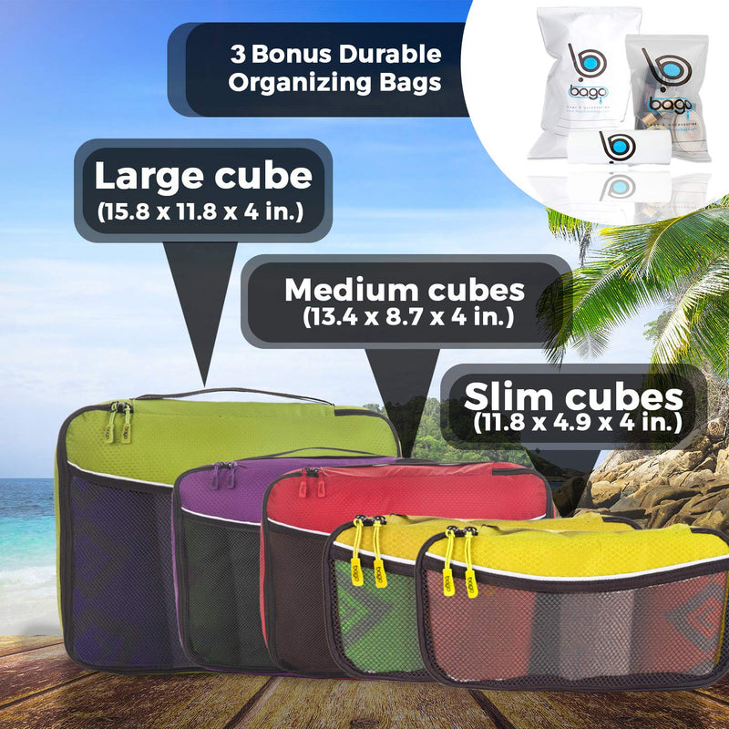 Bago Packing Cubes for Travel - Luggage & Suitcase Organizer - Cube Set 5pcs Set GreenRedPurpleYellowYellow-