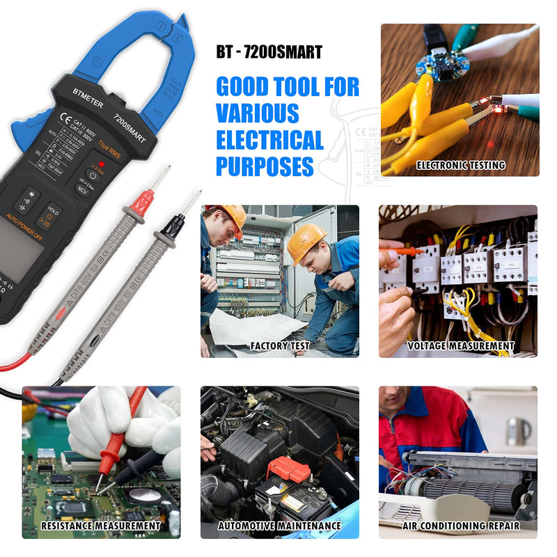 BTMETER Digital Clamp Multimeter BT-7200Smart,TRMS 6000 Counts Clamp-on Avometer AC&DC Voltage Current DMM Test Meter,Auto Range Ammeter Measure Resistance Capacitance Diode Continuity NCV with Lamp