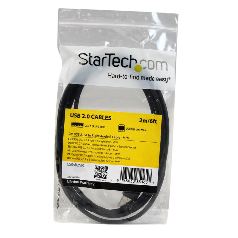 StarTech.com 2m USB 2.0 A to Right Angle B Cable Cord - 2 m USB Printer Cable - Right Angle USB B Cable - 1x USB A (M), 1x USB B (M) (USBAB2MR) Right Angled Connector 6 ft / 2m