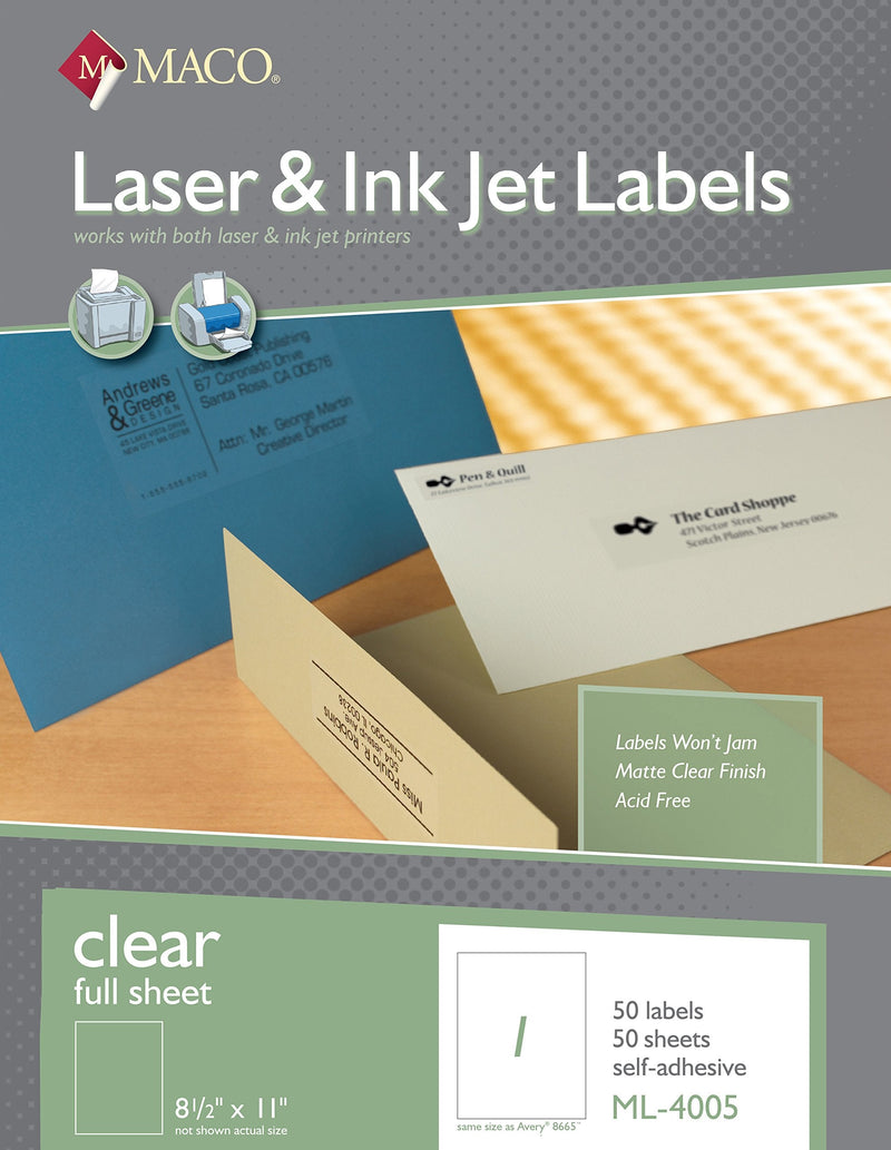 MACO Laser/Ink Jet Matte Clear Full Sheet Labels, 8-1/2 x 11 Inches, 1 Per Sheet, 50 Per Box (ML-4005)