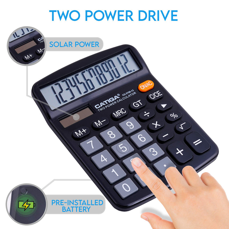 Desktop Calculator 12 Digit with Large LCD Display and Sensitive Button, Solar and Battery Dual Power, Standard Function for Office, Home, School, CD-2786 (Black) Black