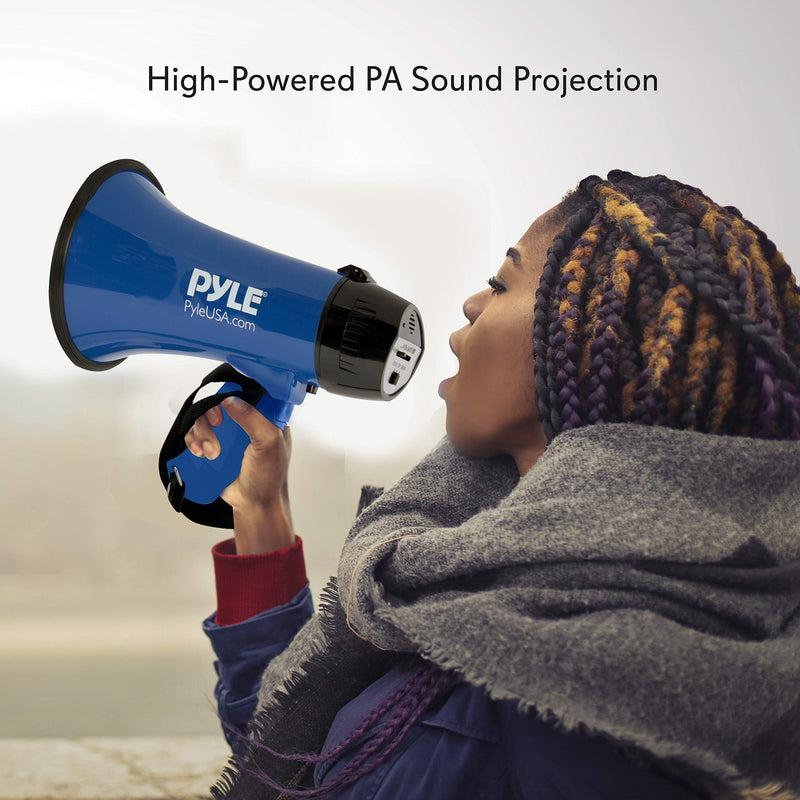 Pyle PMP21BL Portable Megaphone Speaker Siren Bullhorn - Compact and Battery Operated with 20 Watt Power, Microphone, 2 Modes, PA Sound and Foldable Handle for Cheerleading and Police Use, Blue