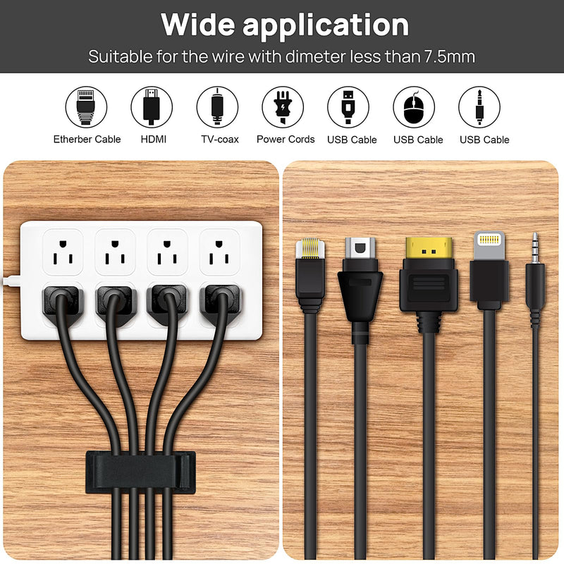 Cable Management Clips, 20Pcs Cable Organizers Wire Clips Cord Holder for TV PC Ethernet Cable Under Desk Home Office (Black) Black