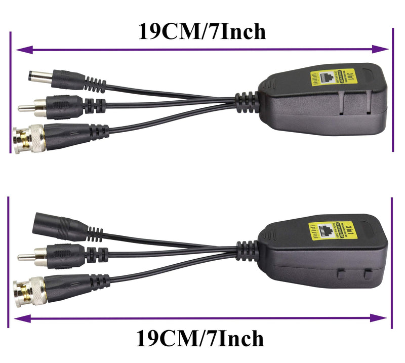 AAOTOKK BNC to RJ45 Transmitter Transceiver DC Power Passive Audio Video Balun HD-CVI/TVI/AHD/CVBS with DC Jack for 720P-1080P 3MP 4MP 5MP 8MP CCTV Security DVR Surveillance Camera System(19cm/4Pairs) 4Pairs
