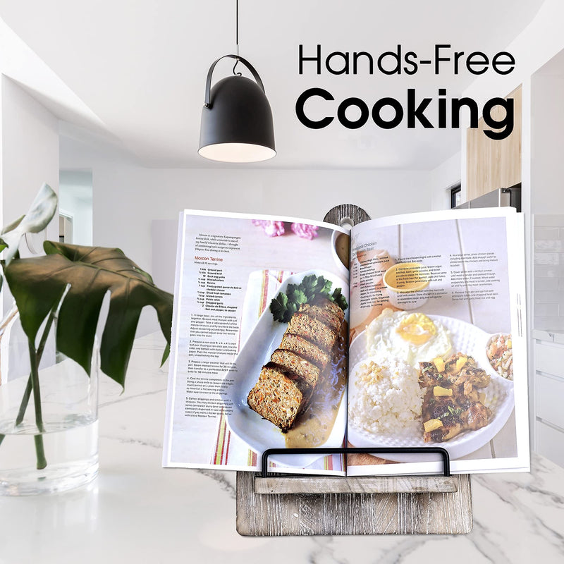 Cookbook Stand, Cutting Board Style Wood Recipe Holder Recipe Book Stand with Adjustable Pull-Out Stand, Rustic Cookbook Holder (Distressed Grey) Distressed Grey