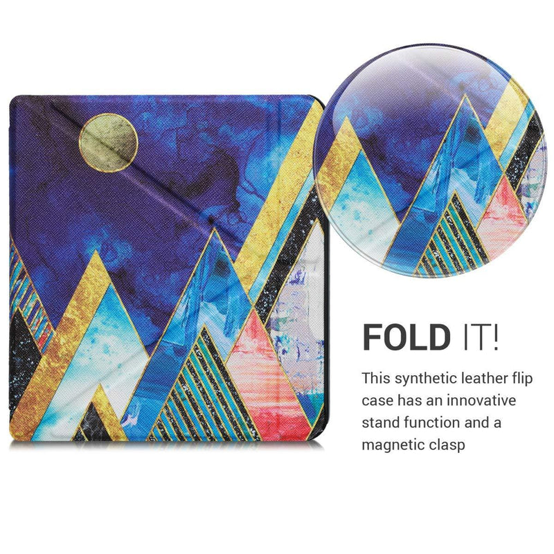 kwmobile Origami Case Compatible with Kobo Libra H2O - Case Slim Premium PU Leather Cover with Stand - Moon and Mountains Gold/Coral/Dark Blue Moon and Mountains 21-76-17