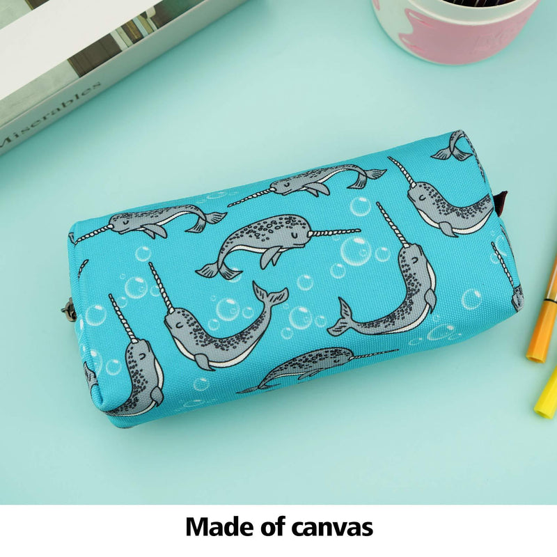 LParkin Cute Narwhal Canvas Pencil Case Pen Bag Pouch Stationary Case Gadget Makeup Cosmetic Bag Box Blue