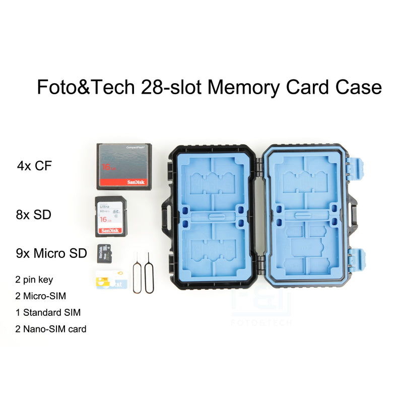 Foto&Tech 28-Slot High Capacity SD Memory Card Case, Shockproof SD CF SDHC SDXC Micro SD Storage Box for 8 SD 4 CF 9 TF, Waterproof Card Holder Micro SD 2 Pin Key 1 SIM 2 Micro-SIM 2 Nano-SIM