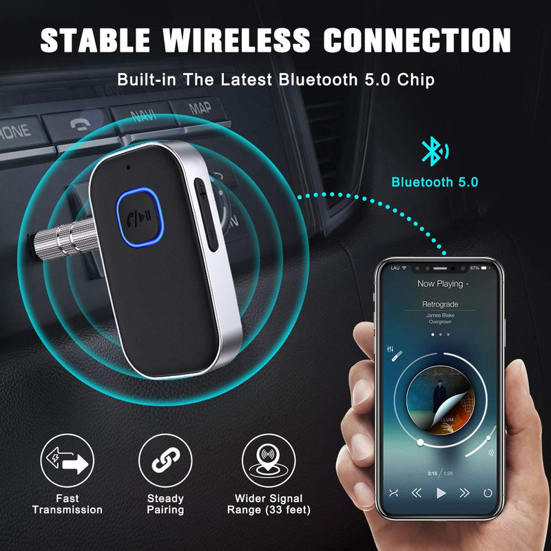 [2021 Upgraded] COMSOON Bluetooth 5.0 Receiver for Car, Noise Cancelling Bluetooth AUX Adapter, Bluetooth Music Receiver for Home Stereo/Wired Headphones/Hands-Free Call,16H Battery Life-Black+Silver