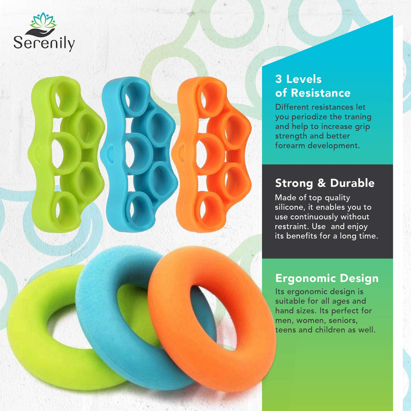 Serenily Hand Grip Strength Trainer - Finger Exerciser for Forearm Workout. 6 Pack Hand Grip Strengthener, Finger Stretcher for Carpal Tunnel, Arthritis, Wrist Pain, Physical Therapy & Stress Relief