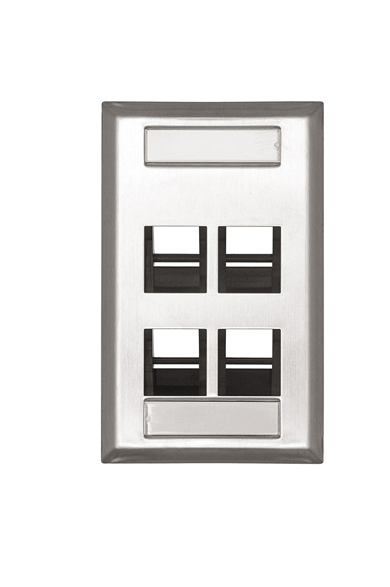 Leviton 43081-1L4 4-Port Angled Stainless Steel QuickPort Single Gang Wallplate with ID Windows, White