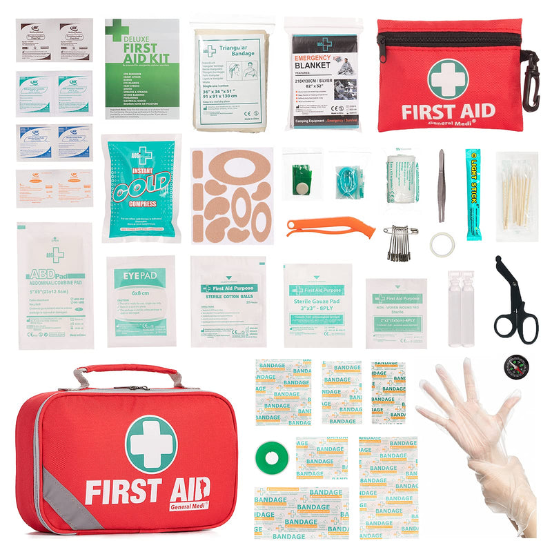 2-in-1 First Aid Kit (215 Piece) + Bonus 43 Piece Mini First Aid Kit -Includes Eyewash, Ice(Cold) Pack, Moleskin Pad and Emergency Blanket for Travel, Home, Office, Car, Workplace