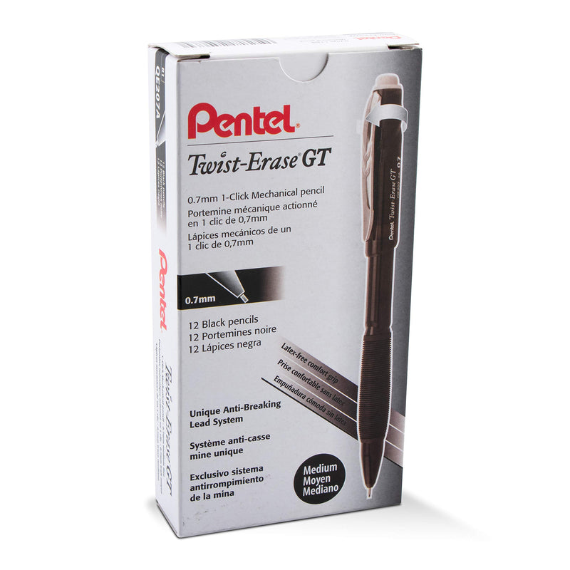 Pentel Twist-Erase GT, 0.7mm, Mechanical Pencil Transparent Black, Box of 12 (QE207A)