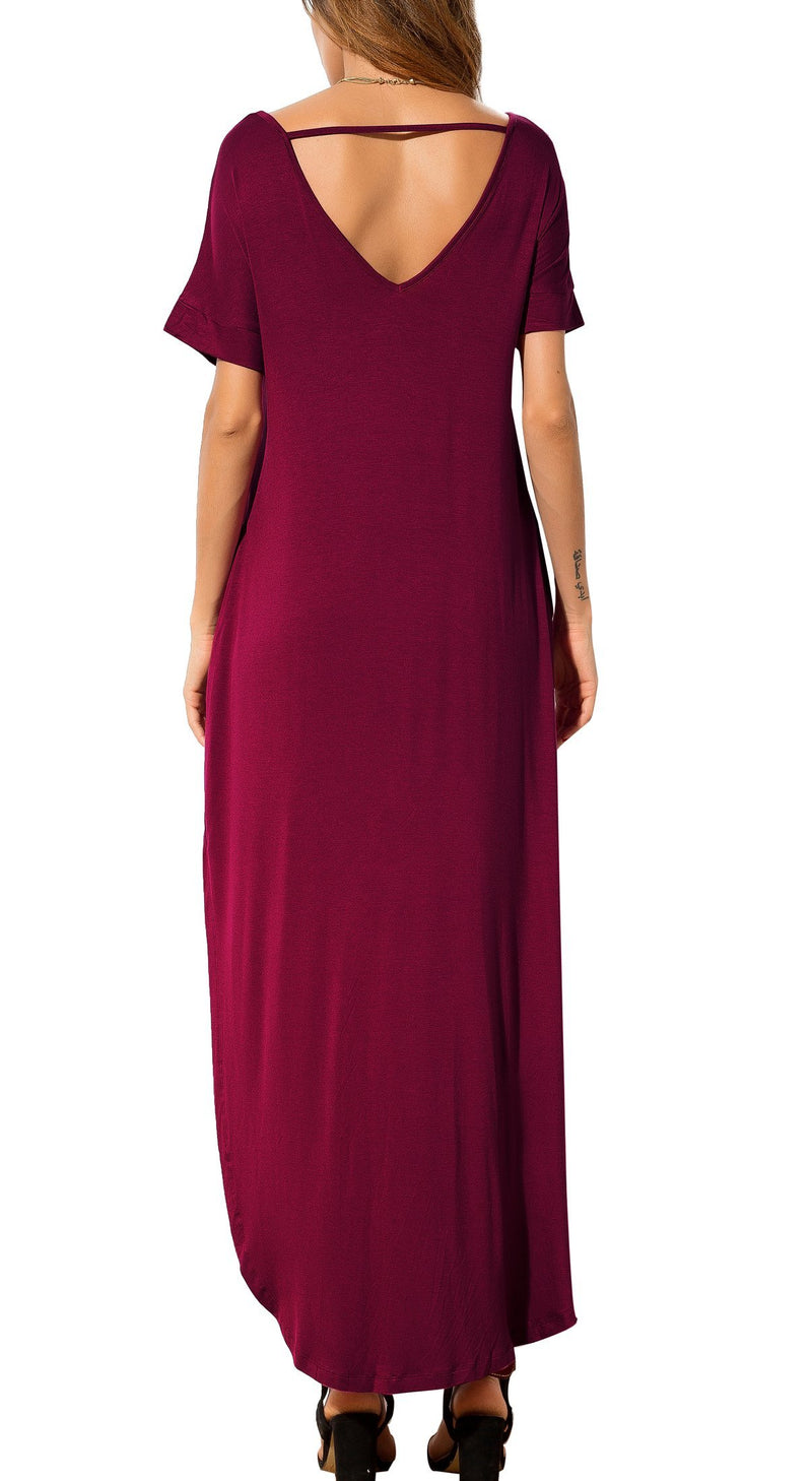 GRECERELLE Women's Casual Loose Pocket Long Dress Short Sleeve Split Maxi Dresses X-Small 02 Wine Red