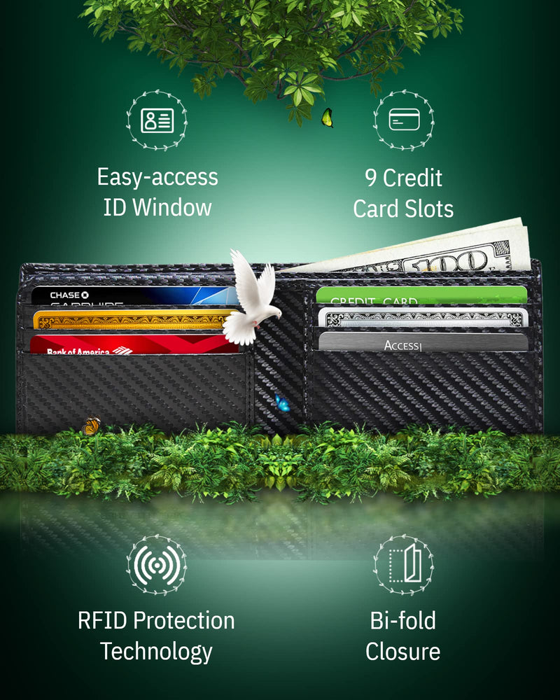 Vegan Leather Bifold Wallets For Men - Cruelty Free Non Leather Mens Wallet With ID Window RFID Gifts For Him Black Carbon Fiber